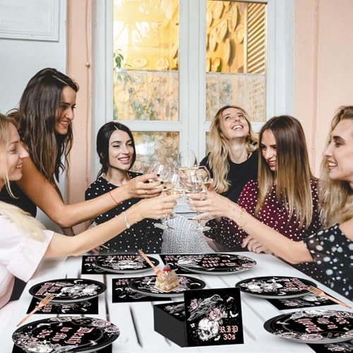 Image of Qyeahkj 100 Pcs 40th Birthday Party Supplies Death to My 30s Paper Plates and Napkins Set Black Rose Gold Rip to My 30s Disposable Tableware Decorations for Women Thirties Funeral Youth Serve 25 Guest