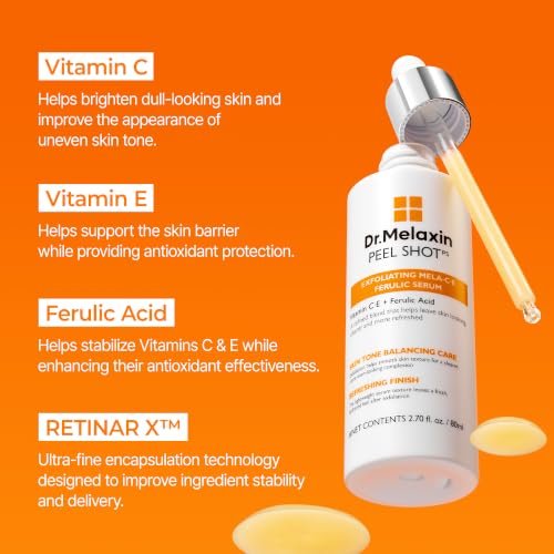 Image of Dr.Melaxin Peel Shot Mela-C.E Ferulic Serum Dead Skin Cells, Dullness & Uneven Texture, Vitamin C.E + Ferulic Acid, Retinar X, Korean Brightening Exfoliating Treatment, 2.70 fl. oz, 80ml