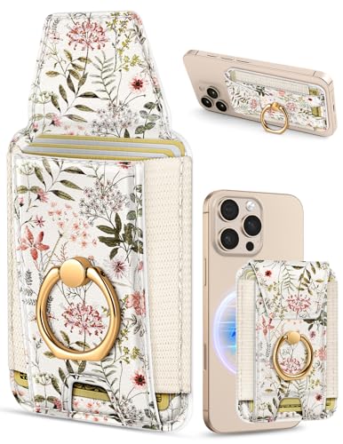 Shorogyt Compatible with Magsafe Wallet with Grip Magnetic Card Holder - Cute Phone Wallets with Ring Stand for iPhone 17/16/15/14/13/12 Series for Women Girls Fit 7 Cards Flower