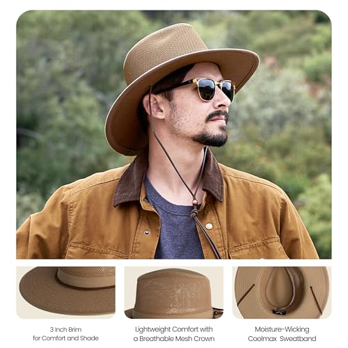Henschel Hats Original Aussie Breezer - Wide-Brim Sun Hat for Men with Adjustable Chin Cord | Perfect Men's Summer Hat Khaki