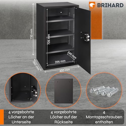 Brihard Business XXL Tresor mit Schlüssel 73x40x36cm & Feuerfeste Dokumententasche A4, 102L Großer Stahl Safe für Zuhause oder Büro mit 3 Höhenverstellbaren Ablagen, für Laptop, Geld & A4 Dokumente