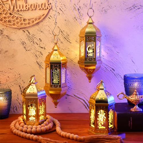 Linternas de Ramadán Threan pack de 4 farolillos LED hexagonales colgantes dorados para hogar 5