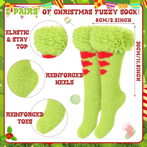 2 Pairs Christmas Lime Green Fuzzy Socks Xmas Plush Knee High Slipper Socks with Furry Faux Fur for Women Men Christmas Winter Gift2