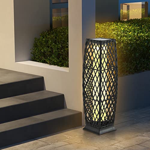 Tangkula 2 Pieces Outdoor Solar Powered Floor Lamps, IP65 Waterproof Wicker Floor Lamps with Auto On/Off LED Light, Outdoor Decor Lanterns for Garden Porch Pool Pathway Driveway (Diamond-Black) - Image 5