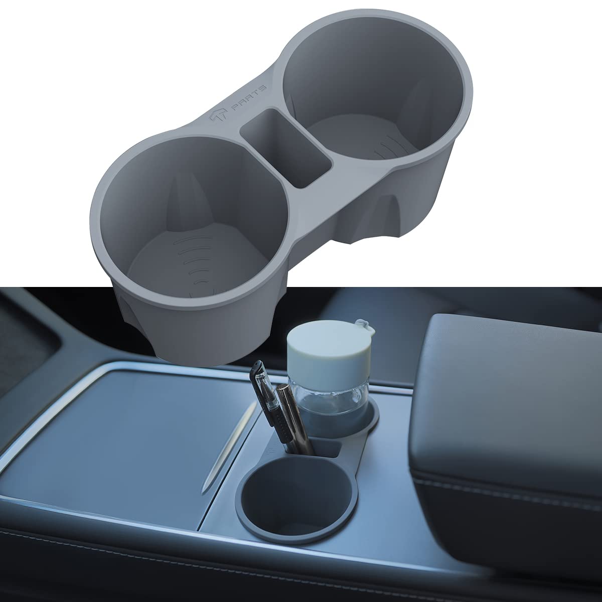 Photo 1 of **USED** TPARTS Silicone Center Console Cup Holder for Tesla MODEL3 Model Y 21-22 Dust&Water Proof Noise Free Precise&Easy Fit (Gun Gray)