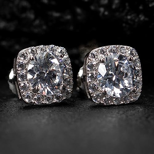 Men's Women's Square Halo Brilliant Sterling Silver Iced Elegant Cz Cube Shape Hip Hop Stud Screw Back Earring Round Circle 5A Cubic Zirconia Unisex Small 10mm Earrings Jewelry Gift For Men Women2