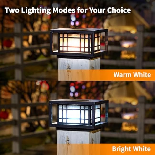 HUYIENO Solar Post Cap Lights Large Outdoor Deck Fence Post Lights 50Lumens Brightness Warm/Bright White Lighing Modes for 4x4 5x5 Vinyl Posts, 4x4 5x5 6x6 Wooden Posts (Black, 2pk)