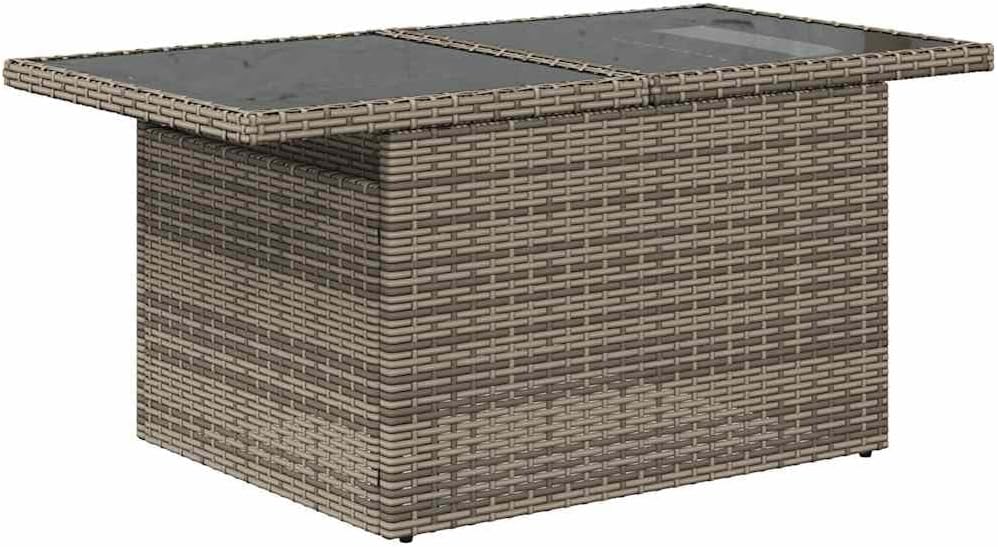 Modern Grey Adjustable Height Outdoor Dining Table with Tempered Glass Top and PE Rattan Frame for Patio Balcony Garden