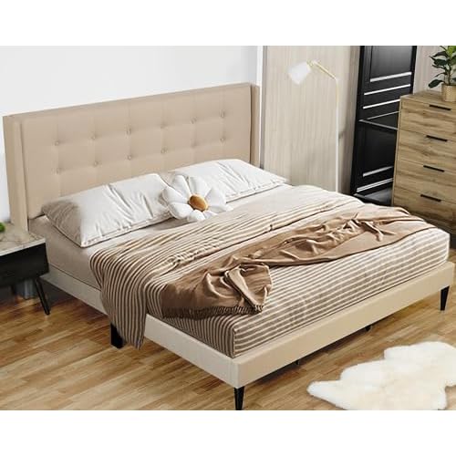 PrimeZone King Size Bed Frame - Modern Platform Bed Frame with Wingback Tufted Headboard, Linen Fabric Upholstered Bedroom Bedframe with Strong Wooden Slats, No Box Spring Needed, Beige Beig
