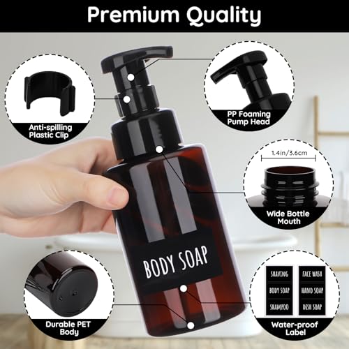 Image of Segbeauty 13.5oz 4pcs Foaming Hand Soap Dispenser Refillable, Empty Foaming Soap Dispenser with Pump, 400ml Plastic Foamer Bottle, Amber Foam Pump Bottle with Waterproof Labels for Bathroom Kitchen