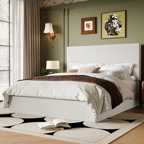 Image of Allewie Full Bed Frame, Adjustable Corduroy Headboard, Platform, White | Adjustable Headboard, Corduroy Fabric, Low Profile, Wooden Slats, 800 lb Capacity, No Box Spring Needed