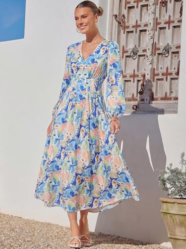 Image of Maxigerui Women's Long Sleeve Floral Maxi Dress 2026 Spring Summer Wedding Guest Dress Blue Doodle Floral Print Dress XL