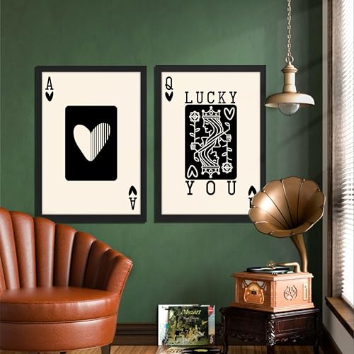 Image of NoWorries Typography Playing Cards Wall Art Framed Painting | Lucky Ace and Queen Heart Card Art Prints | Minimal Black & White Aesthetic Wall Decor | Premium 300 GSM Paper Print with Synthetic Wooden Frame | Modern Wall Art for Living Room, Bedroom & Office (Set of 2) (BLACK, ART-5, 10X13INCHES)