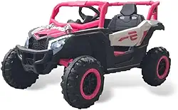 Bang Toys - Carrinho Elétrico Infantil UTV R3 12V - com Portas que Abrem, Luzes, Sons, Bluetooth, Controle Remoto - Suporta até 30kg - Cor Rosa
