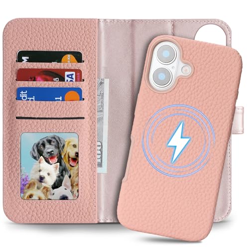 Image of Detachable Genuine Leather Case for iPhone 16 Wallet Case Magnetic 2in1 Removable Flip Cover Book Purse Compatible with Magsafe Charging Kickstand Card Holder-Pink