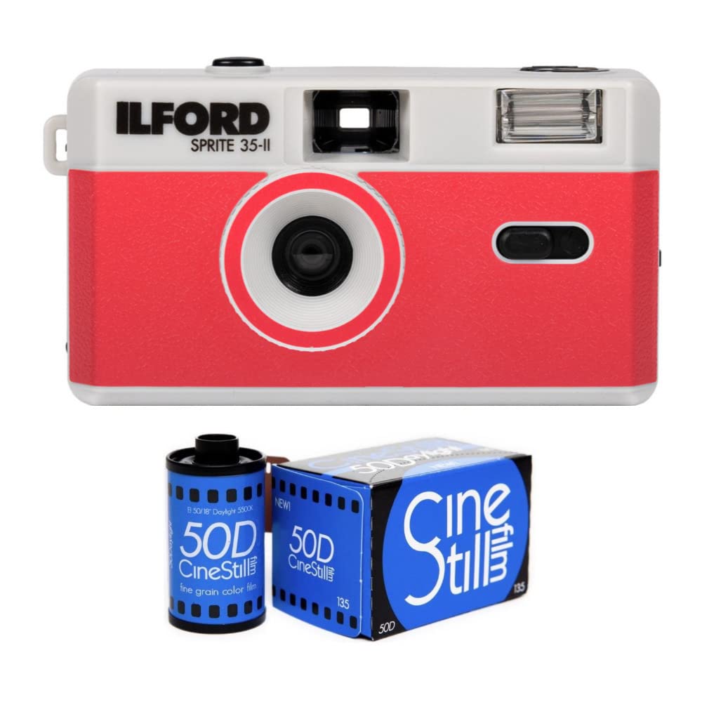 Ilford Sprite 35-II Reusable/Reloadable 35mm Analog Film Camera (Silver and Red) with CineStill 50Da