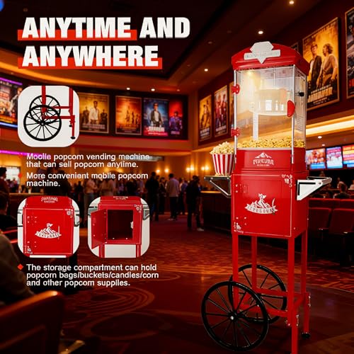 Image of Popcorn Machine with Cart - Stainless Steel Pot with Storage - Cinema Style Retro Popcorn Maker with Wheels for Home Parties, Movie Theaters, Christmas Concession Equipment - Red (12OZ /Cart)