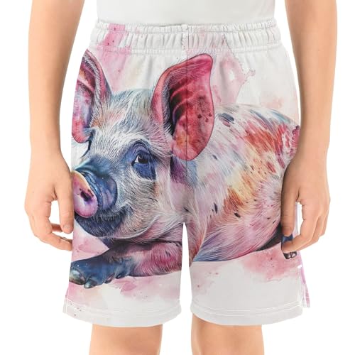 Funny Watercolor Cute Pig Youth Boys Shorts Summer Cute Athletic Shorts Elastic Waist Pj Shorts Kids 7-82