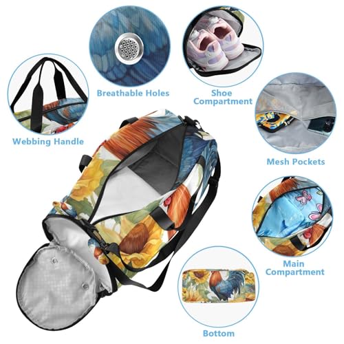 YETTASBIN Sport Travel Duffel Bag for Girls Boys, Rooster Sunflower Large Waterproof Weekender Overnight Bag, Detachable Shoulder Strap Gym Bag with Shoe Compartment & Wet Pocket4