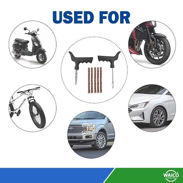 Image of WAICO 6 in 1 Universal Tubeless Tyre Puncture Kit | with Tools, Plier, Knief, Puncture Strips, & Storage Bag | Emergency Flat Tire Repair Tool Set for Car, Bike, SUV, & Motorcycle.