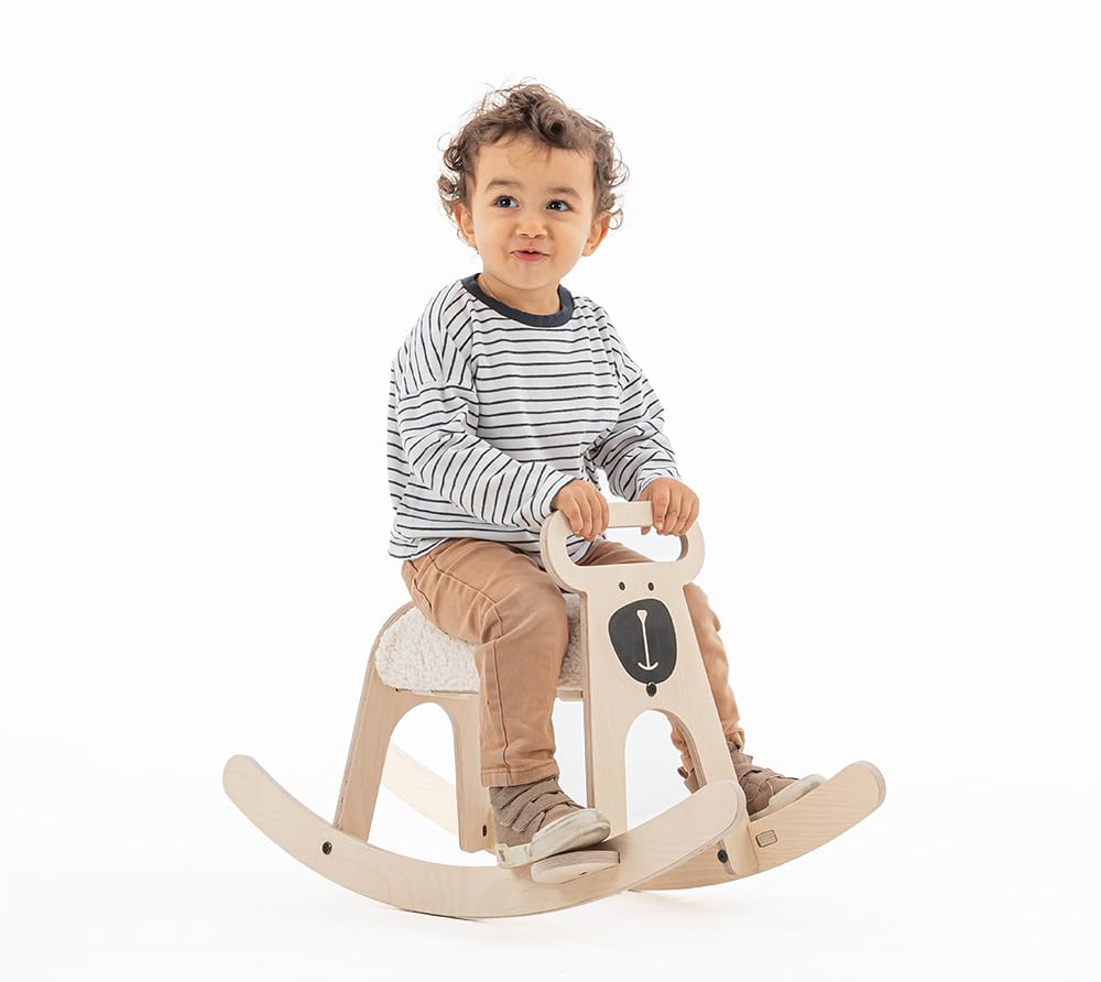 Mamatoyz 06POBE Pony Cavallo a Dondolo Giocattolo Cavalcabile per Bambini in Legno Naturale Multistrato di Betulla con Sedile in Morbida Spugna Orsetto Cavalluccio a Dondolo