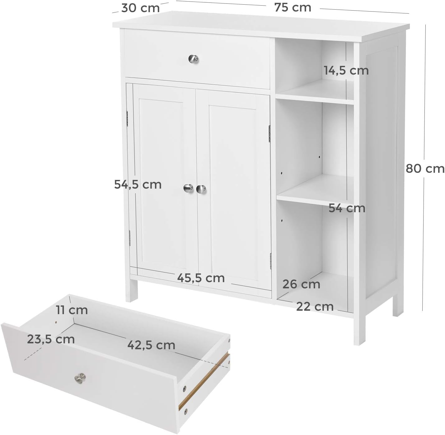 VASAGLE Meuble de Salle de Bain, Meuble de Rangement avec 2 Portes, Armoire de Salle de Bain avec Tiroir, 3 Compartiments Ouverts, Étagères Réglables, 75 x 30 x 80 cm, Blanc Nuage BBC142W01