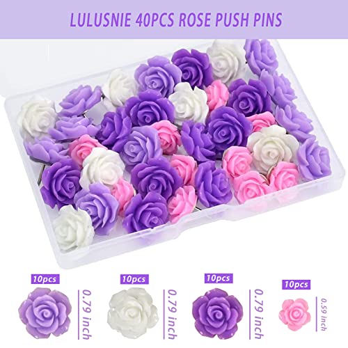 Lulusnie 40Pcs Rose Push Pins Decorative Thum Tacks For Office Home Cork Board, Bulletin Board, Purple Rose #TOP2
