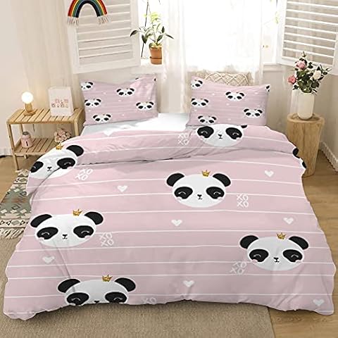 MUSOLEI Pink Panda Kids Bedding Set Girls,3D Animal Duvet Cover Sets Lovely Stripe Quilt Cover,Zipper, with Pillow Case(Single,Pink) Cover