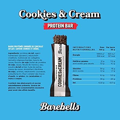 Barebells Barre de proteine 20g proteine, 12x55g chocolat protein bars (Cookies&Cream)