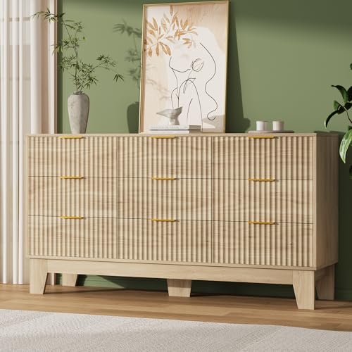 Image of Garvee 9 Drawer Dresser for Bedroom, 59 inch Wide Fluted Chest of Drawers with Metal Handle, Modern Wooden Dresser TV Stand, Clothes Storage Organizer Wood Closet for Hallway, Entryway, Natural Oak