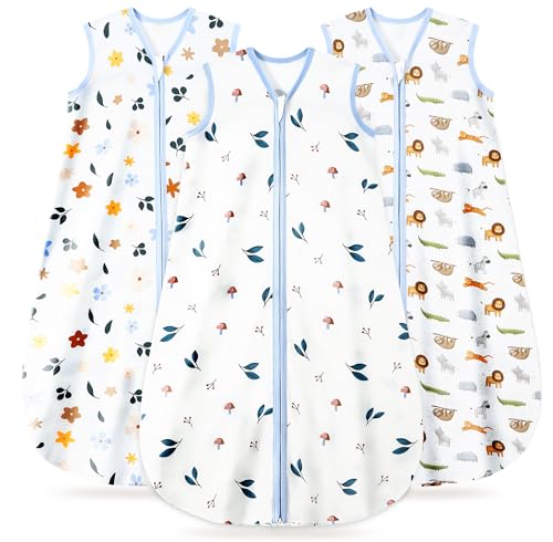 Baby Sleep Sack 6-12 Months, 100% Organic Cotton Wearable Blanket for Babies, 2-Way Zipper TOG 0.5 Lightweight Breathable Baby Sleeping Bag, 4 Sizes-M Animal&Plant&White