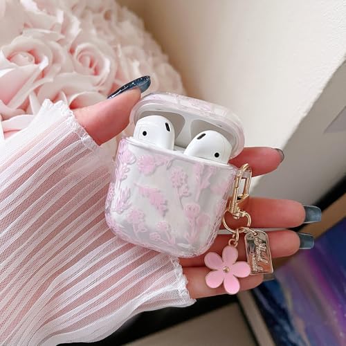 Image of MINSCOSE Compatible with AirPod 1&2 Clear Case,Cute Flower Floral Aesthetic Design with Flowers Keychain, Soft TPU Protective Shockproof Case for Women Girl for Airpod 1&2-Pink