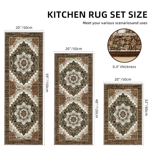 Tritard 100% Non Slip Kitchen Rugs Sets of 3 Washable Boho Kitchen Mats for Floor Vintage Farmhouse Kitchen Rug Soft Runner Rug for Hallway, Laundry Room, Indoor Entryway, Brown