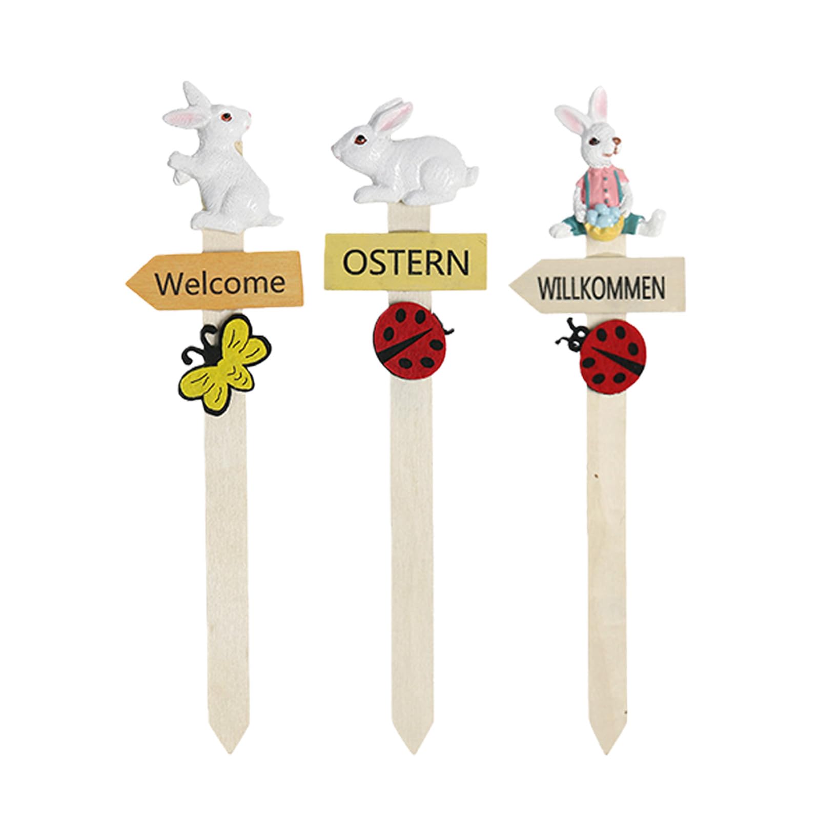 Snorvixre 3Pcs Easter Rabbits Lawns Decorations Resin Art with Wood Detail Welcome Plaques Garden Stakes Rabbits Garden Stakes