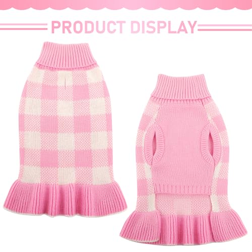 Dog Sweater Dress Plaid Knitwear for Small Medium Dogs Warm Puppy Pet Turtleneck Stretch Pullover Cute Fall Winter Vest Clothes with Leash Hole for Christmas (Pink, 2XS) - Image 3