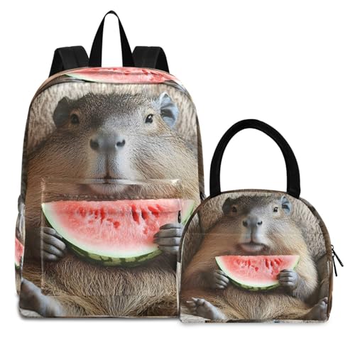Backpack Lunch Bag Set Watermelon Capybara Print, Big Storage Travel Backpacks with Insulated Lunch Box for Office Hiking Picnic