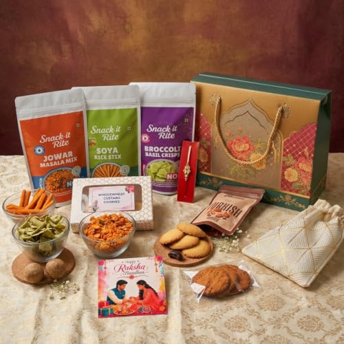 Image of Raksha Bandhan Gift Hamper 11-Item Healthy Festive Gift Box With Roasted Millet Snacks, Whole Wheat Cookies, Baked Mathri, Sattu Badam Laddoos, Turkish Chocolate Almonds, Rakhi & Greeting Card