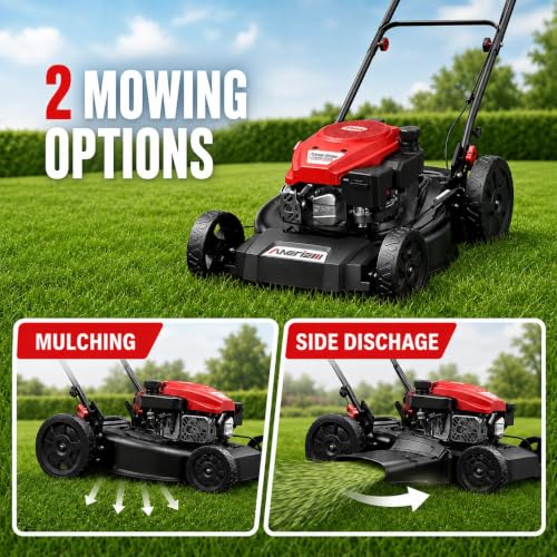 Image of AMERISUN 21 inch Gas Lawn Mower, 144cc 4-Stroke, 2-in-1 Mulch & Side Discharge, 6 Height Adjustment, Lightweight Push Mower for Backyard Lawn Care