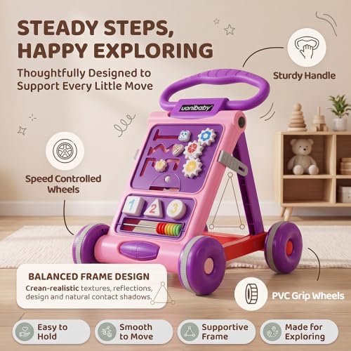 Image of Uonibaby Baby Push Walker, Musical Push Walker for 9 Months+, Toodler Walking Toy for 1 to 2 Years, Interactive Activity Panel with Gears, Shapes, Numbers & Beads, Sturdy Handle & Large Wheels