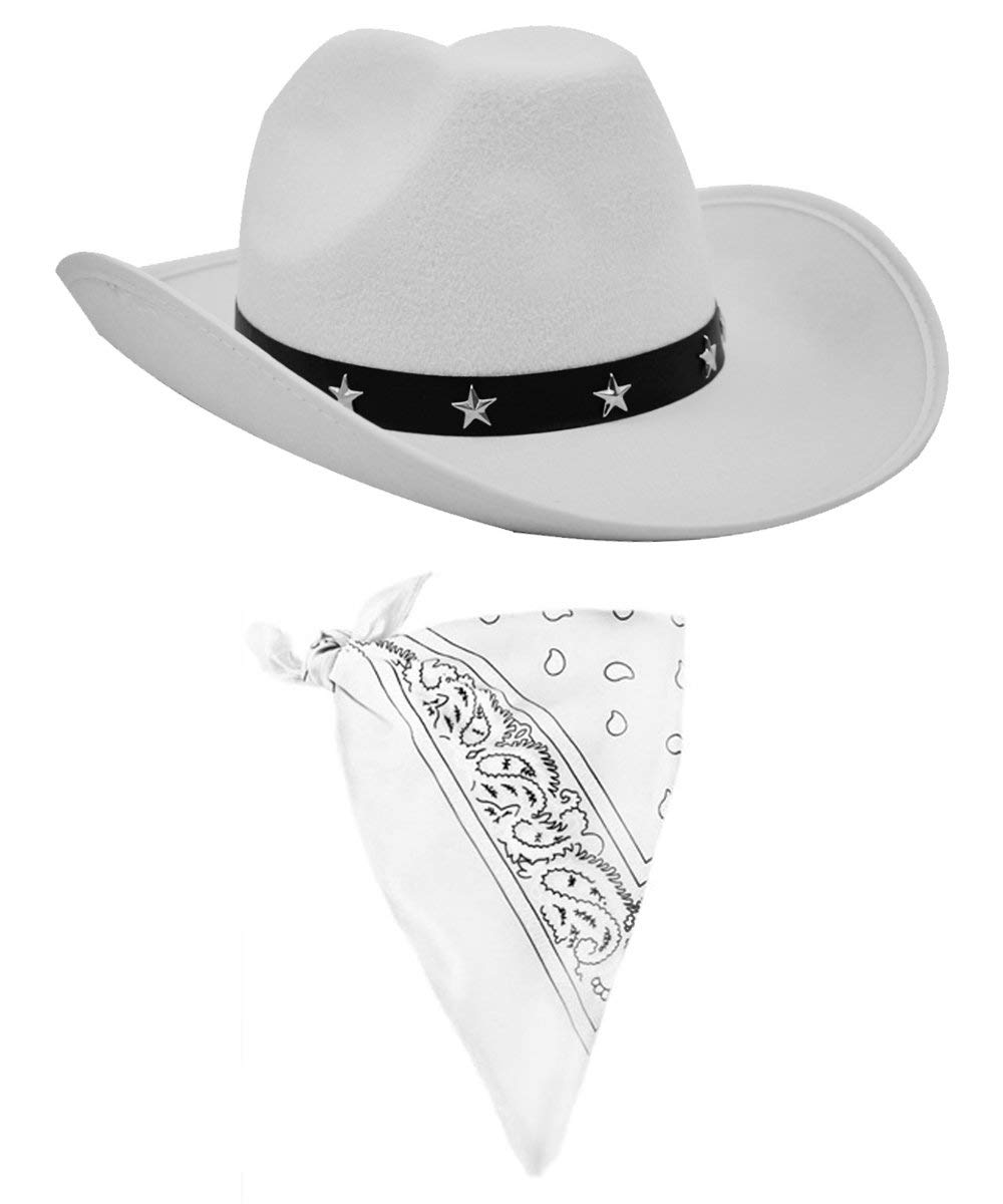 ILOVEFANCYDRESS Disfraz DE Vaquero con Bandana Conjunto DE Accesorios DE Vaquero Sombrero Blanco DE Vaquero Y Bandana Blanca con DESEÑOS Negros Fiestas TEMATICAS