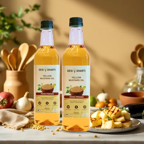 Image of Desi Dharti Premium Wood Cold Pressed Yellow Mustard Oil - 1L (Pack of 2) | Natural & Pure, Unrefined, Rich Aroma, Omega-3 & Antioxidants | A1 Grade Mustard Seeds | Ideal for Cooking, Frying, Pickling & Daily Use
