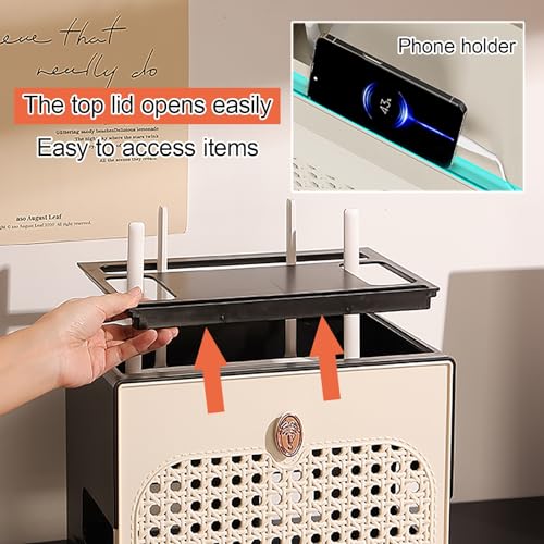 Cache-routeur WiFi en rotin noir meuble multimédia avec cloisons de rangement - 7