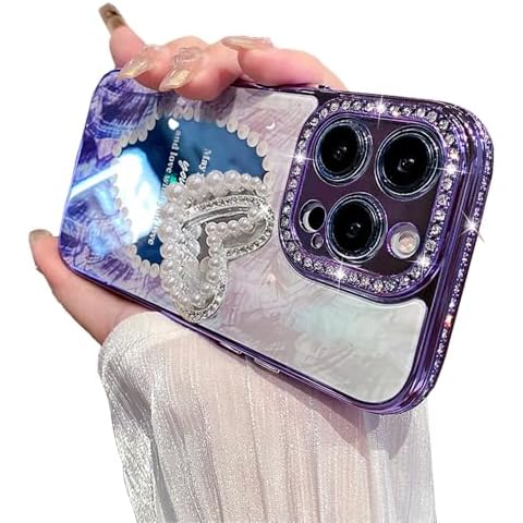 LALAPOPO Glitter Case for iPhone 15 Pro Max Case for Women Girls, Luxury Diamond Makeup Mirror Bling Sparkly Rhinestone with Camera Protector Soft Plating Bumper Case for iPhone 15 Pro Max (Purple) Cover