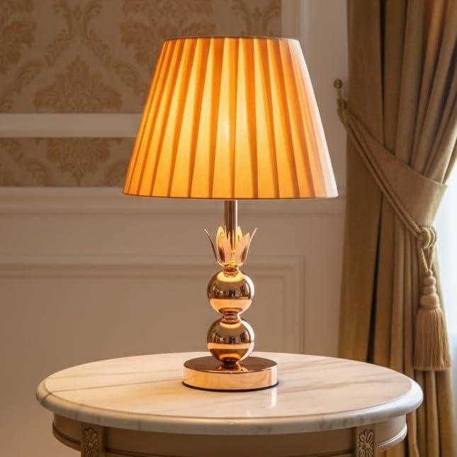 Image of ELARE Table Lamp with Pleated Fabric Shade | Elegant Bedside Night Lamp for Bedroom & Living Room | Modern Decorative Desk Light for Office, Study Table & Home Decor | Stylish Nightstand Lamp