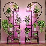 Bestier Plant Stand Indoor with Grow Lights, 6 Tiered Metal Plant Shelf for Indoor Plants Multiple, Half Heart Shape Plant Rack with Wheels, Large Brown Plant Holder for Home Patio Balcony (2 Pack)