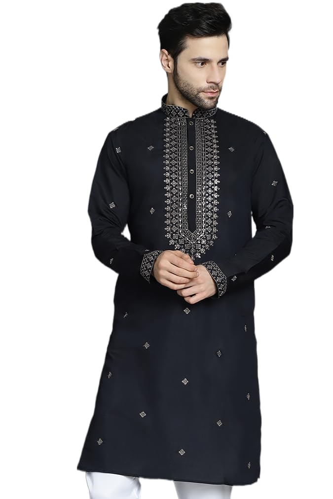 Jompers Men's Black Sequin Embroidered Kurtas (Black, Xxl)