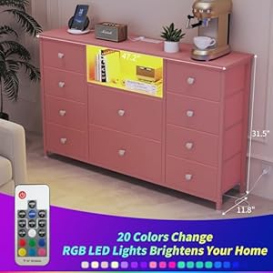 Ldttcuk dresser with charging station and led lights pink dresser for girls bedroom bedroom long dresser tv stand with 10 drawers fabric wide dresser storage organizer for hallway kids room  urban country home decor
