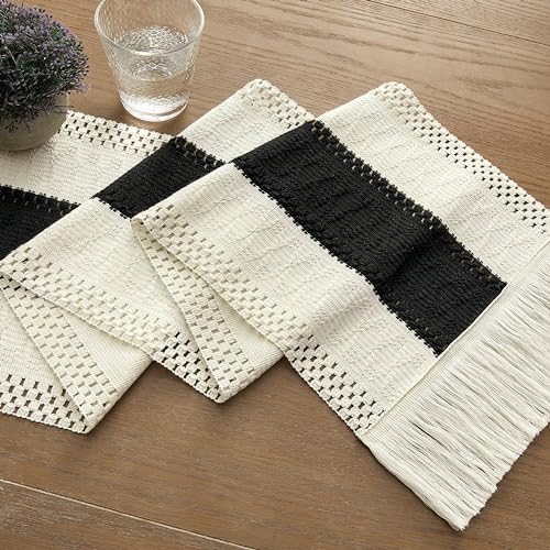 Image of ZeeMart Macrame Style Bicolor Stitching Table Runner, 12 x 108 Inch Black /Ivory, Boho Black Table Runners 108 Inches Long, Farmhouse Woven Home Decor
