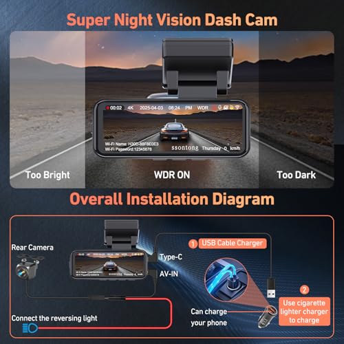 Image of Car Camera - Dash Cam Front and Rear, 4K Dash Camera for Cars Built-in 5.8G WiFi GPS ADAS Dashcam,3.2 inch IPS Screen Dash Cam with Free 32GB Card,G-Sensor,Loop Recording,WDR,Night Vision Dashboard Camera