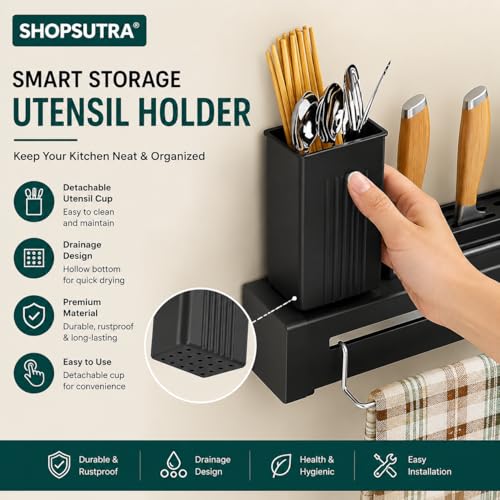 Image of Wall Mounted Knife Holder Rack with Hooks and Utensil Cups, Stainless Steel, Black, 40 cm